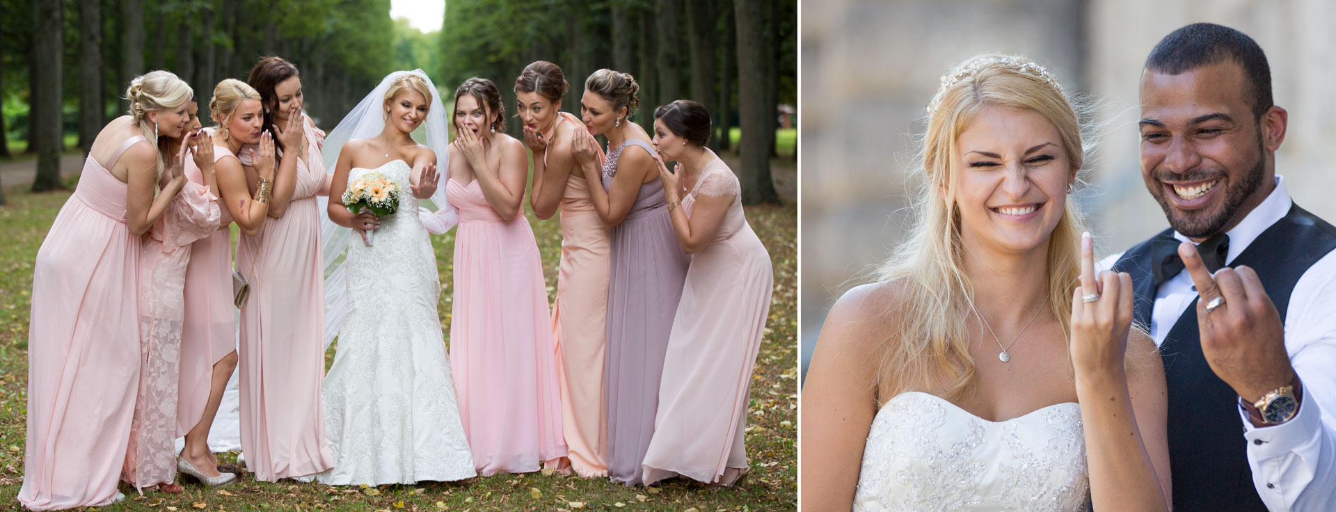 Braut mit den Brautjungfern in rosa Kleidern. Ein lachendes Brautpaar zeigt die Ringfinger.