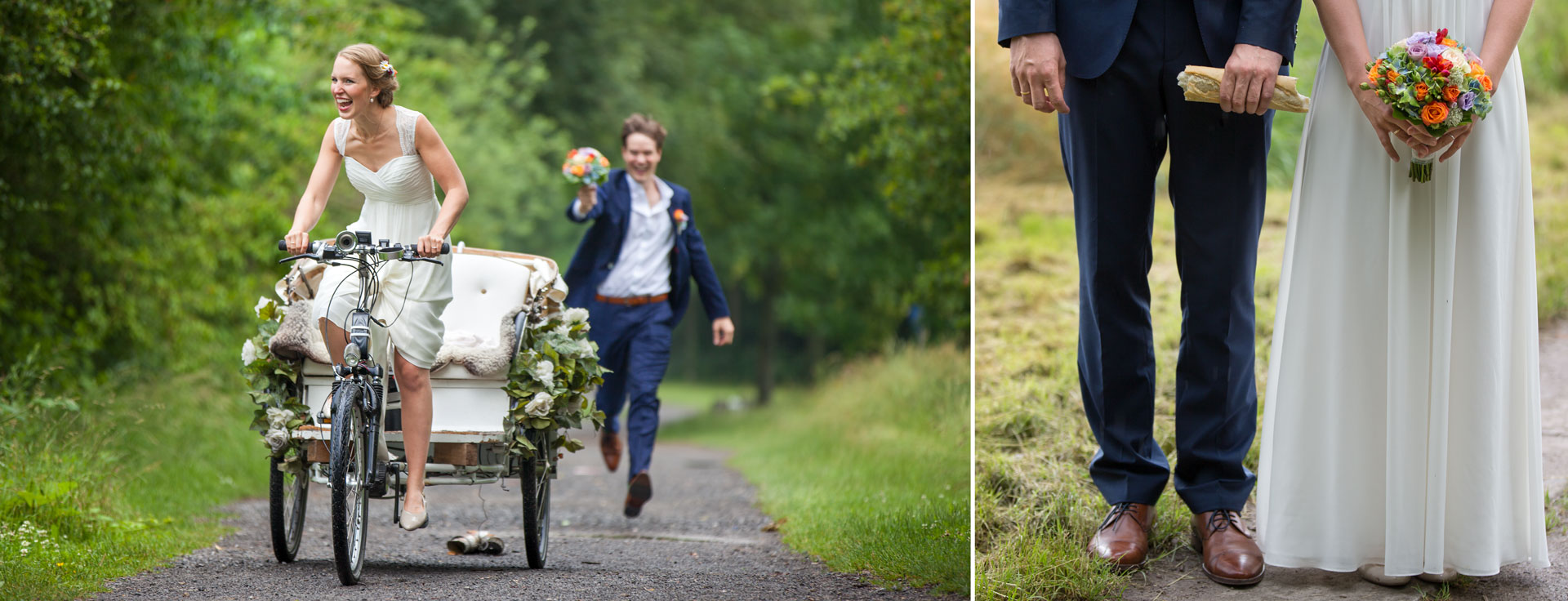 Bräutigam rennt hinter der Braut auf der Hochzeitsrikscha