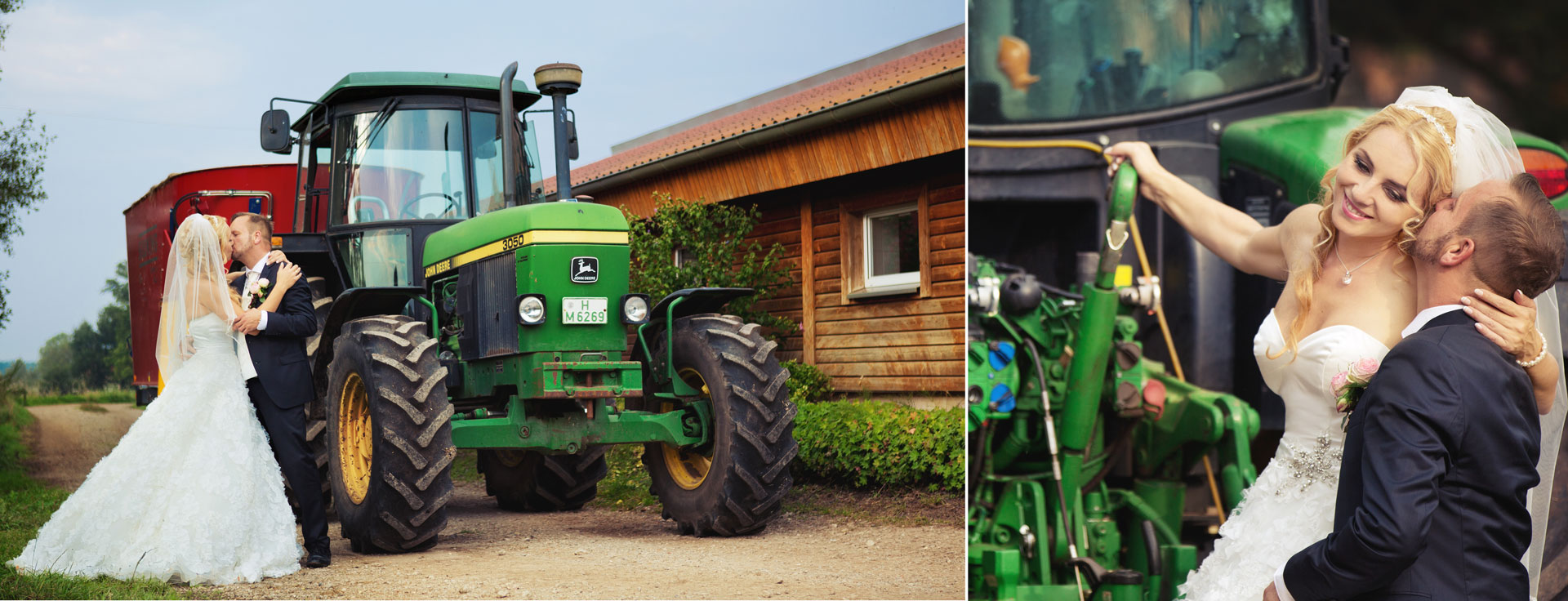 Hochzeitsfotos auf dem Land, Brautpaar mit dem Traktor